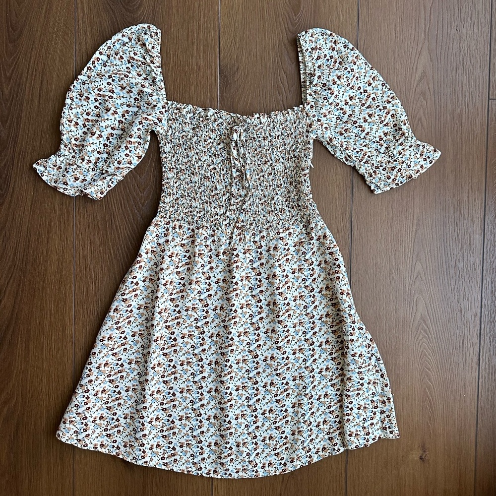 Faithfull the Brand White and Brown Floral Mini Dress with flouncy Sleeves